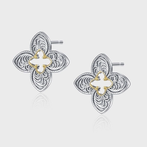 Orecchini a Bottone Quadrifoglio Arabesque in Argento Sterling S925 Oro Argento Bicolore Per Donna Orecchini Incisi Cavi