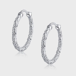 Boucles d'Oreilles Créoles en Argent Sterling 925 pour Femmes Motif Floral Gravé Style Ethnique Bijoux de Mode Cadeau