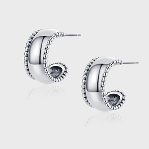 925 Sterling Silver Beaded Edge C-Shape Stud Earrings Vintage Polished Wide Hoop Earrings For Women Minimalist Jewelry Gift