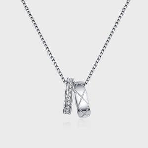 925 Sterling Silver Double Ring Pendant Necklace For Women Quilted Pattern Rhinestone Clavicle Chain Minimalist Jewelry