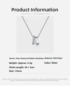 Detail of S925 silver necklace featuring quilted pattern and crystal pavé double ring pendant