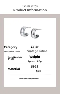 Macro detail of S925 sterling silver twist earrings with size and weight specs