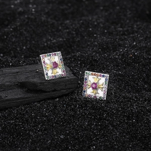 S925 sterling silver square stud earrings with colorful gemstones and cross motif
