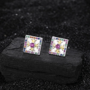 S925 silver square cross earrings with colorful rainbow stones and pink gemstone center