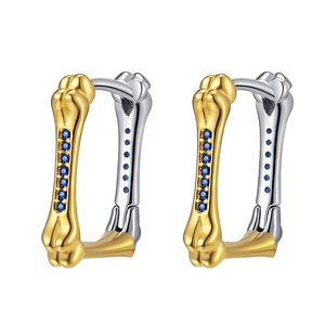 S925 silver bone-shaped earrings with blue zircon stones in two-tone gold and silver