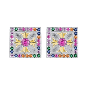 S925 silver square stud earrings with rainbow gemstones and golden cross center