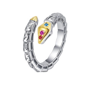 S925 silver snake open ring with retro textures and multi-color gemstone gold head