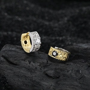 S925 silver hoop earrings with vintage engraved patterns and round cubic zirconia inlays