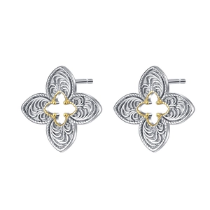 Orecchini a lobo quadrifoglio in argento sterling S925 con bordo oro e motivi floreali incisi