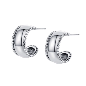 Polished S925 sterling silver C-shaped hoop earrings with refined milgrain edge detailing
