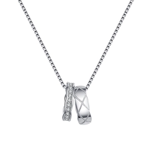 S925 sterling silver necklace with double interlocking rings featuring pavé diamonds and lattice