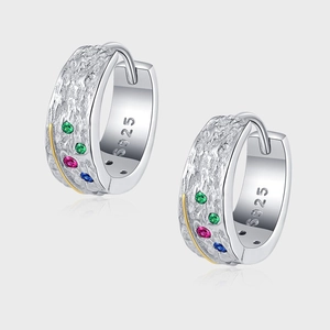 925 Sterling Silver Hoop Earrings Vintage Hammered Texture With Colored Rhinestone Starry Sky Style Women Fashion Jewelry