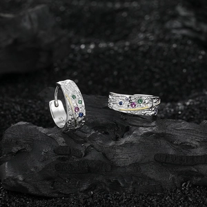 925 silver stud earrings with lava texture, colorful zircons and golden shooting star line