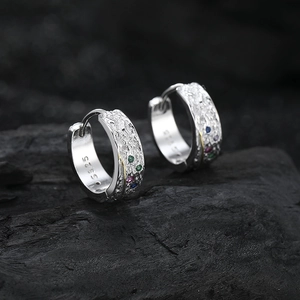 Vintage S925 sterling silver hoop earrings with rock texture and colorful gemstones