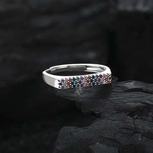 Bague ouverte en argent S925 avec double rangée de zircons colorés élégants