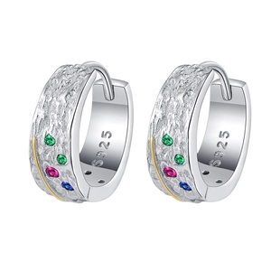 S925 sterling silver hammered hoop earrings with multicolor gemstones and gold lining