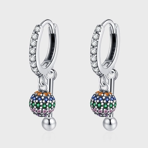 925 Sterling Silver Multi-Colored Zircon Ball Hoop Earrings For Women S925 Silver Rod Pendant Geometric Fashion Jewelry Gift