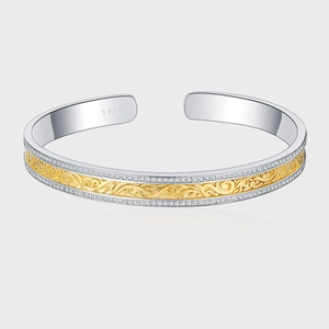 925 Sterling Silver Two-Tone Gold Arabesque Pattern Open Bangle Pave Rhinestone Bracelet For Women Luxury Fashion Jewelry