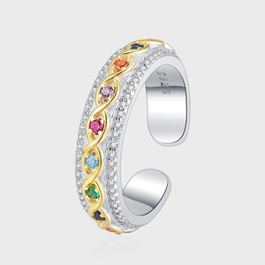 Women S925 Sterling Silver Adjustable Open Ring With Multicolored Rhinestone Two-Tone Gold Silver Plated Geometric Ring Jewelry