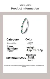 Détail macro d'une bague en argent S925 sertie d'émeraudes vertes et zircons blancs