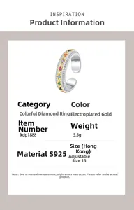 Close-up of S925 sterling silver ring with multi-color diamonds and gold plating detail