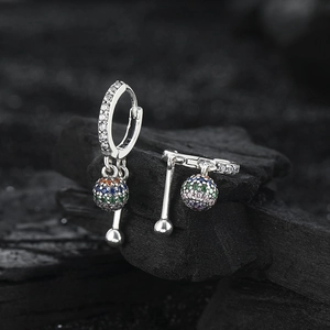 S925 sterling silver hoop earrings with colorful zircon paved balls and sleek metal bars