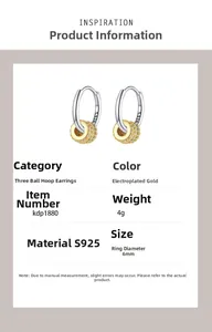Detailed specs of S925 silver triple hoop earrings with gold-plated zircon balls