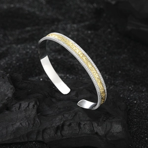 Luxury S925 sterling silver open cuff bracelet with gold floral relief and cubic zirconia