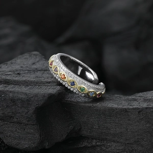 Luxurious S925 silver open ring with multi-colored gemstones and sparkling pavé diamonds