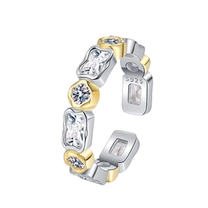 Adjustable S925 sterling silver ring with two-tone finish and baguette-cut cubic zirconia
