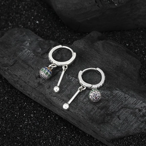 S925 sterling silver hoop earrings featuring colorful cubic zirconia spheres and silver bars