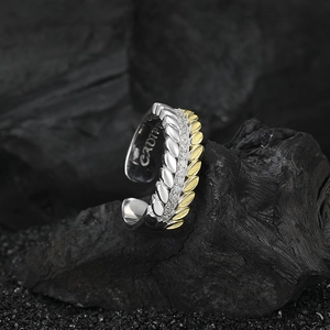 S925 sterling silver wheat ear open ring with two-tone gold finish and white zircons