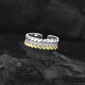 Three-layer s925 silver wheat ear ring with gold accents and cubic zirconia stones