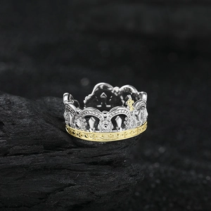 French vintage 925 silver crown open ring with two-tone gold floral engraved finish