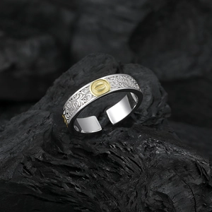 S925 sterling silver open ring with vintage floral totem and golden screw motif