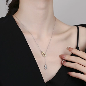 Elegant S925 silver double gourd pendant necklace with tassel and hollow pattern