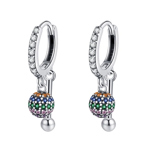 S925 sterling silver hoop earrings with colorful zircon ball and silver bead charms
