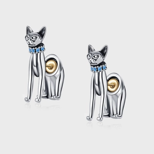 Boucles d'Oreilles Clous Chat Sphinx en Argent Sterling 925 Vintage Accentuées de Strass Animal Bastet Rétro Bijoux Femme Homme