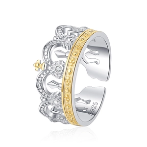 925 Sterling Silver crown ring with gold accents and cubic zirconia stones in open design