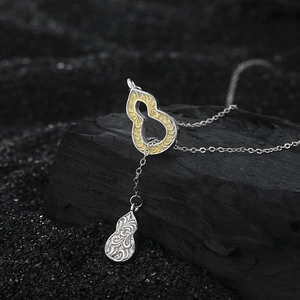 Elegant S925 sterling silver double gourd pendant necklace with yellow enamel pattern