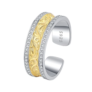 S925 Sterling Silber Ring mit goldenem Rankenmuster und weißen Zirkonia-Steinen