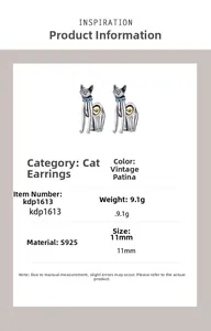 Détails des boucles d'oreilles chat rétro en argent S925 avec pierre bleue