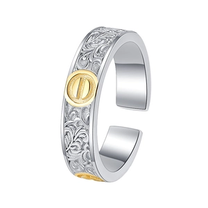 S925 silver open ring with gold screw motif and vintage floral engraving pattern