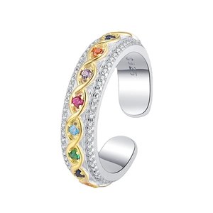 S925 sterling silver two-tone open ring with colorful gemstones and white zircon accents