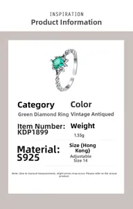 Macro detail of S925 sterling silver ring featuring green zircon and product dimensions