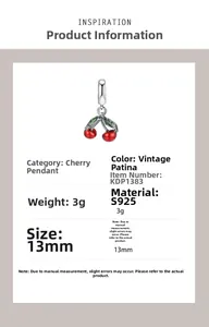 Detail view of S925 silver cherry pendant showing size 13mm and 3g weight specifications