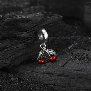 S925 sterling silver cherry pendant with red enamel fruits and green leaves detail