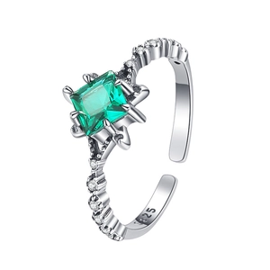 S925 sterling silver adjustable ring with square green zircon and sparkling accents