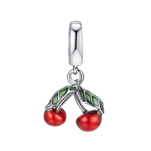 Elegant S925 sterling silver cherry pendant with red fruits and green enamel leaves
