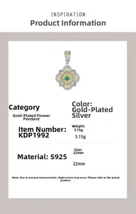 Macro detail of S925 silver two-tone flower pendant with green stone and 22mm dimensions